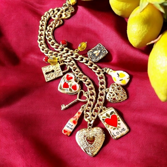 Jewelry - Gold toned charm necklace Love potion charms Lemons Hearts Tulips beautiful
